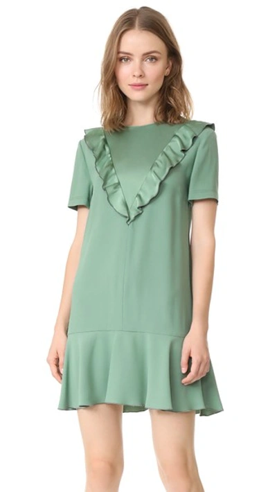 Red Valentino Ruffle Neck Crepe Dress In Sage