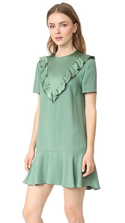 Shop Red Valentino Ruffle Neck Crepe Dress In Sage