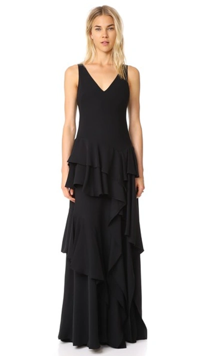 Halston Heritage V Neck Flounce Gown In Black