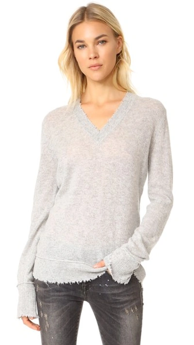 Shop R13 Distressed Edge V Neck Sweater In Heather Grey