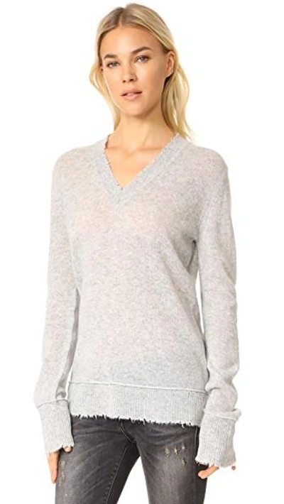 Shop R13 Distressed Edge V Neck Sweater In Heather Grey