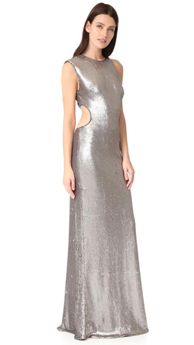 Halston Heritage Metallic Sequin Gown In Antique Silver