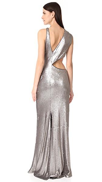 halston heritage silver gown