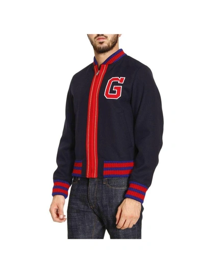 Shop Gucci Jacket Bomber With Web Knit Stripes And Maxi Logo Applied In Blue