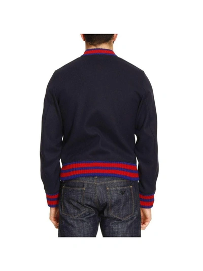 Shop Gucci Jacket Bomber With Web Knit Stripes And Maxi Logo Applied In Blue