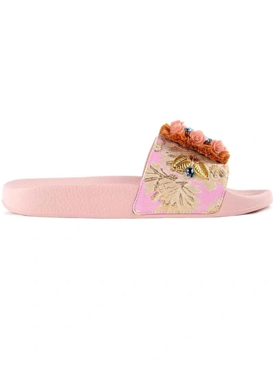 Shop Dolce & Gabbana Raffia Embellished Sliders In Pink & Purple