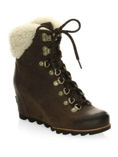 Shop Sorel Conquest Wedge Leather Boots With Faux Fur In Tobacco