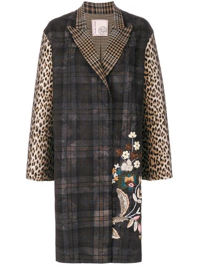 Shop Antonio Marras Floral Embroidery Checked Coat - Brown