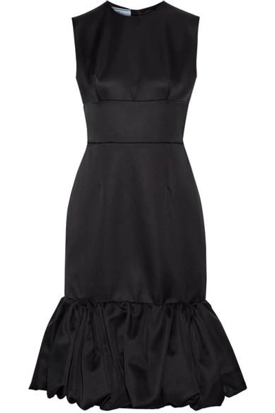 Shop Prada Fluted Wool And Silk-blend Satin Dress In Black