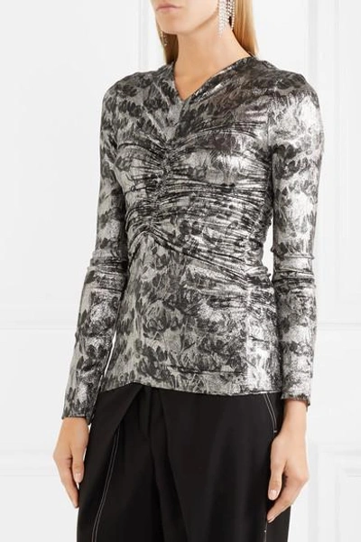 Shop Isabel Marant Diego Ruched Floral-print Stretch Silk-blend Top In Silver