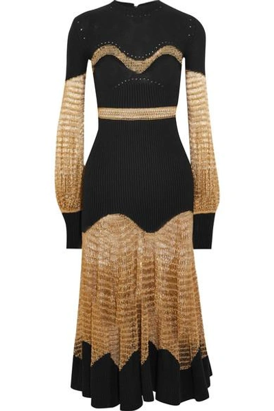 Shop Alexander Mcqueen Metallic Open-knit And Ribbed Wool-blend Midi Dress