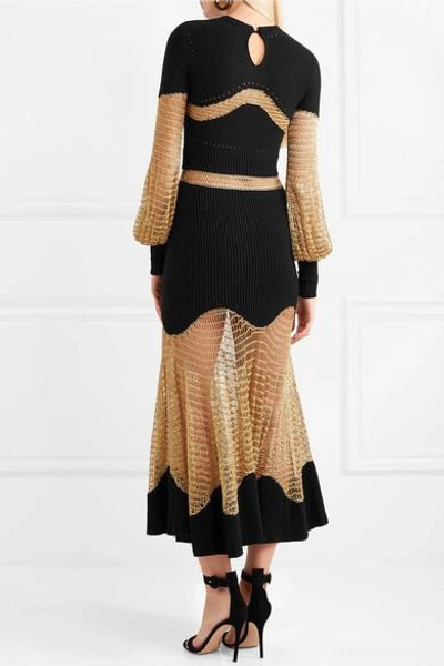 Shop Alexander Mcqueen Metallic Open-knit And Ribbed Wool-blend Midi Dress