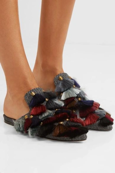 Shop Sanayi313 Eloise Fringed Wool-tweed Slippers