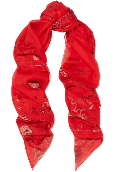 Shop Alexander Mcqueen Pagan Pets Printed Silk-chiffon Scarf In Red