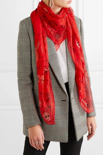 Shop Alexander Mcqueen Pagan Pets Printed Silk-chiffon Scarf In Red