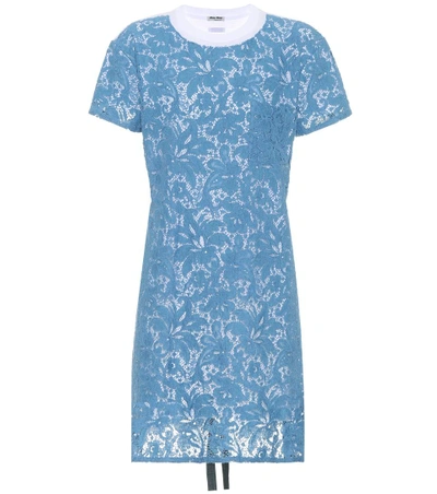 Miu Miu Cotton Lace T-shirt Dress In Blue