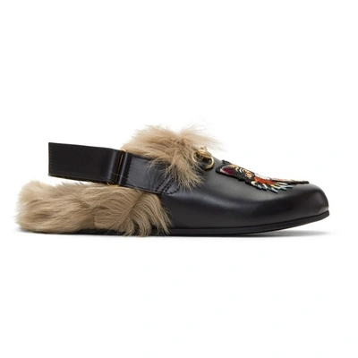 Shop Gucci Black Fur Angry Cat Horsebit River Slippers