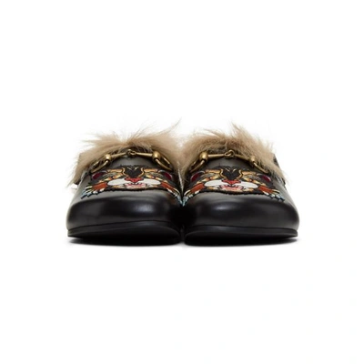 Shop Gucci Black Fur Angry Cat Horsebit River Slippers