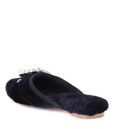 Shop Miu Miu Embellished Velvet Slippers In Blue