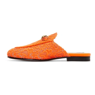 Shop Gucci Orange Lace Princetown Slippers