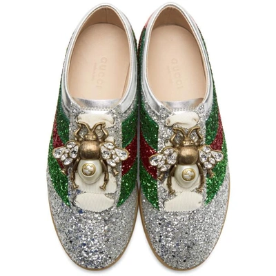 Shop Gucci Silver Sylvie Glitter Web Falacer Sneakers
