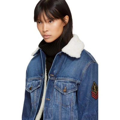 Shop Saint Laurent Blue Denim Shearling Patch Jacket