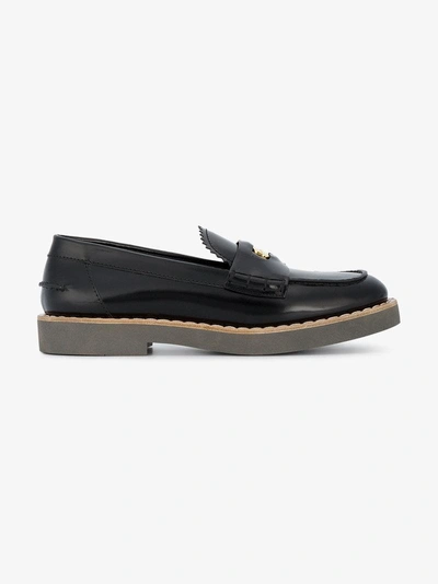 Shop Miu Miu Black Leather Penny Logo Loafers