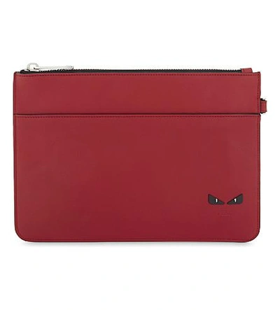 Shop Fendi Micro Monster Leather Pouch In Red