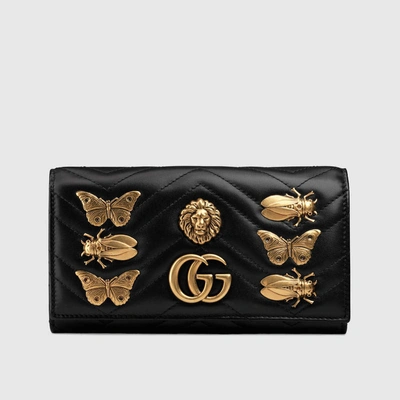 Gucci Small Full Flap Wallet-on-a-chain With Insects In Black
