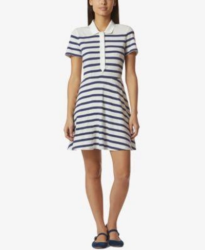 Shop Avec Les Filles Cotton Striped Polo-style Dress In Navy/white