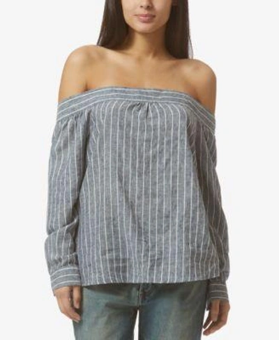 Shop Avec Les Filles Railroad-stripe Off-the-shoulder Top In Indigo