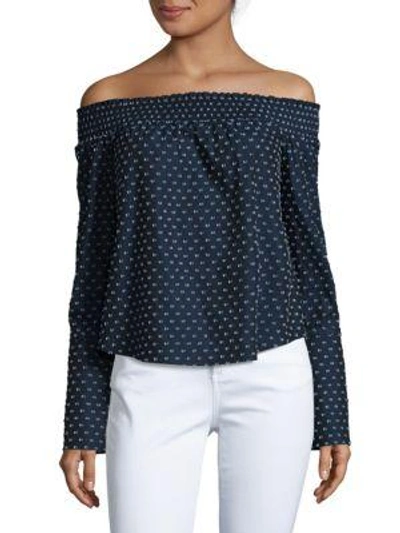 Shop Derek Lam 10 Crosby Embroidered Off The Shoulder Cotton Top In Blue