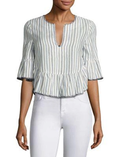 Shop Bcbgmaxazria Striped Ruffled Bell Sleeves Cropped Top In White Combo