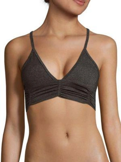 Shop Body Language Floral Printed Ruched Sports Bra In Charcoal