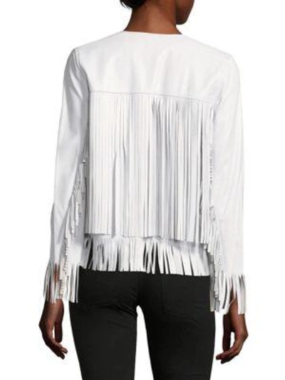 Shop Theperfext April Solid Fringed Leather Jacket In White