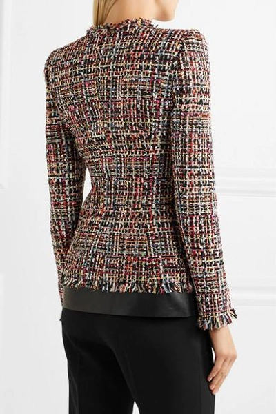 Shop Alexander Mcqueen Leather-trimmed Fringed Tweed Jacket In Red