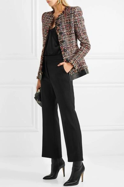Shop Alexander Mcqueen Leather-trimmed Fringed Tweed Jacket In Red