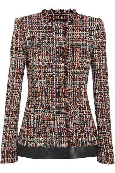 Shop Alexander Mcqueen Leather-trimmed Fringed Tweed Jacket In Red