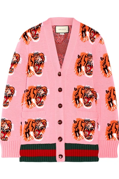 Wool Tiger Jacquard Cardigan, Pink
