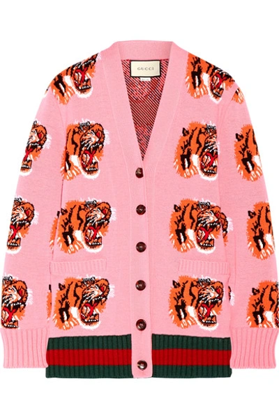 Gucci Wool Tiger Jacquard Cardigan Pink ModeSens