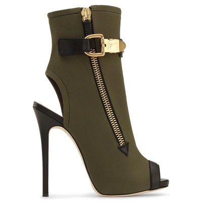 Shop Giuseppe Zanotti - Army Green Canvas Open-toe Boot Roxie