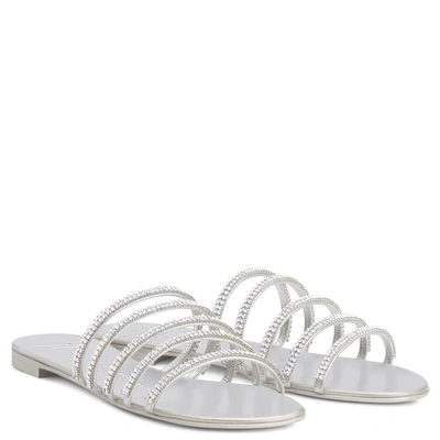 Shop Giuseppe Zanotti Patent Flat Sandal With Crystals Michela In Silver