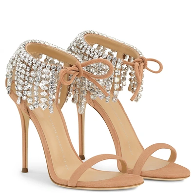 Shop Giuseppe Zanotti - Pink Suede Sandal With Crystal Fringe Carrie Crystal