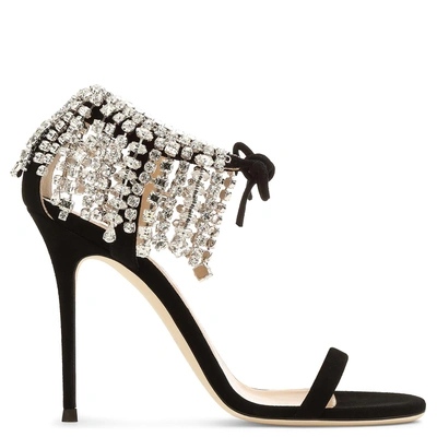 Shop Giuseppe Zanotti - Black Suede Sandal With Crystal Fringe Carrie Crystal