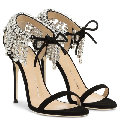 Shop Giuseppe Zanotti - Black Suede Sandal With Crystal Fringe Carrie Crystal