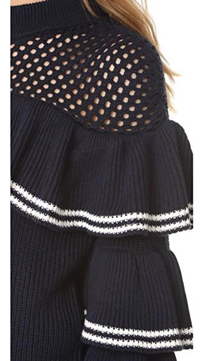 Shop Self-portrait Striped Frill Sweater In Navy