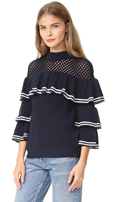 Shop Self-portrait Striped Frill Sweater In Navy