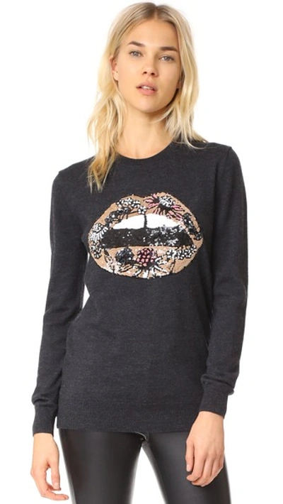 Markus Lupfer Sequin Fower Lip Natalie Sweater In Charcoal