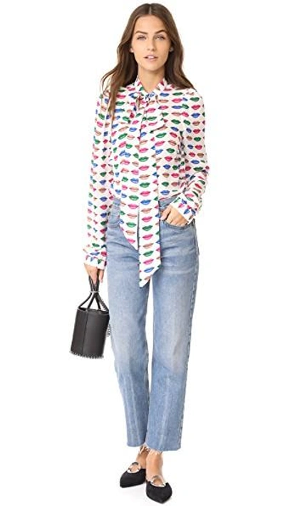 Shop Milly Kiss Print Tie Neck Blouse In White