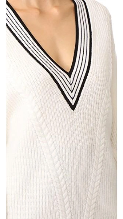 Shop Carven Deep V Cable Knit Sweater In Blanc